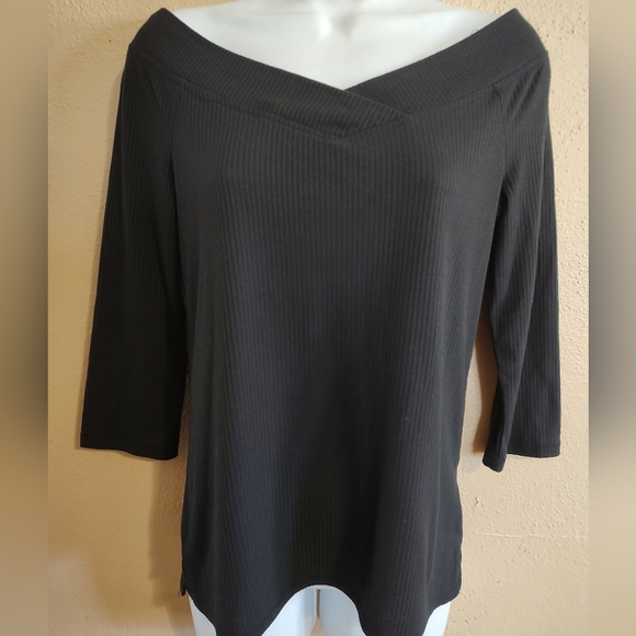 Ribbed Black Off Shoulder Blouse 3/4 Sleeves 0+0 Stitch Fix Size Small Medium - Picture 2 of 10